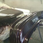 Before and after photographs of a damaged Chevy Impala that was repaired by Elite Paint & Body Shop in West Palm Beach, Florida.